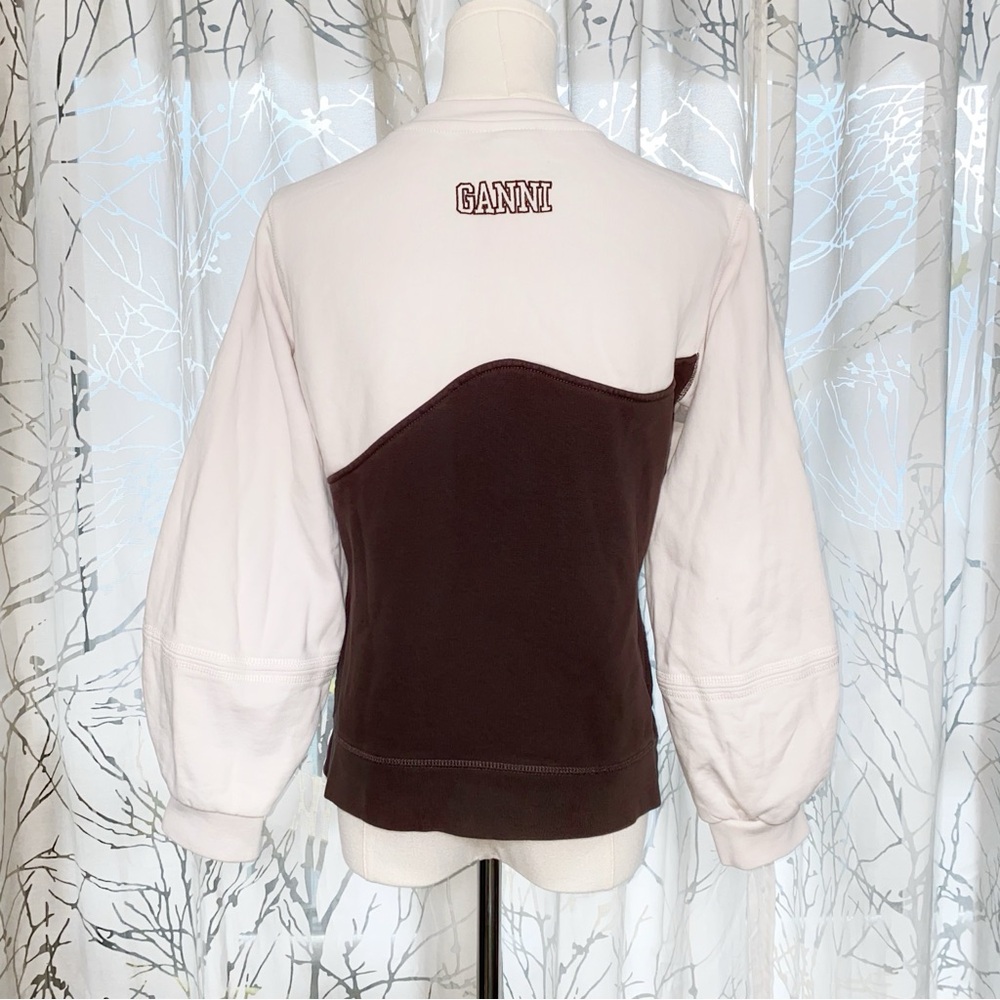 GANNI brown cream two tone Embroidered logo crewneck cotton fleece sweatshirt - Picture 4 of 9